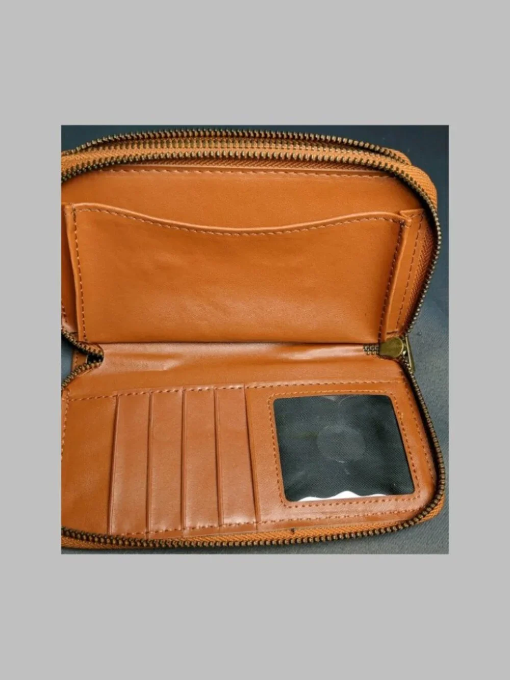 Brown Tan Woven Canvas Zip Around Wristlet Wallet Organizer Faux Leather Women